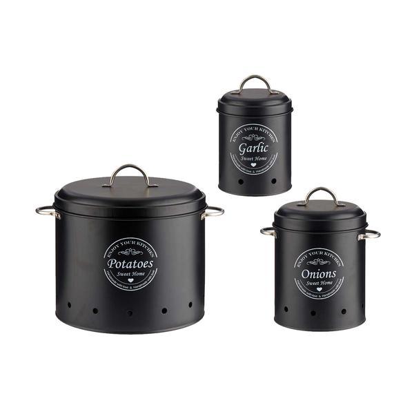 Set 3 recipiente depozitare pentru bucatarie, metal, negru, capacitate 0.98 l + 2 l + 6 l