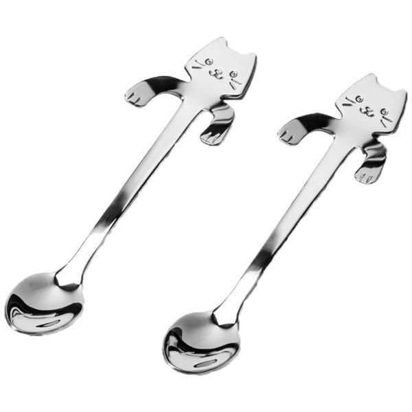 Set 2 lingurite in forma de pisica, argintii, inox, gadget master