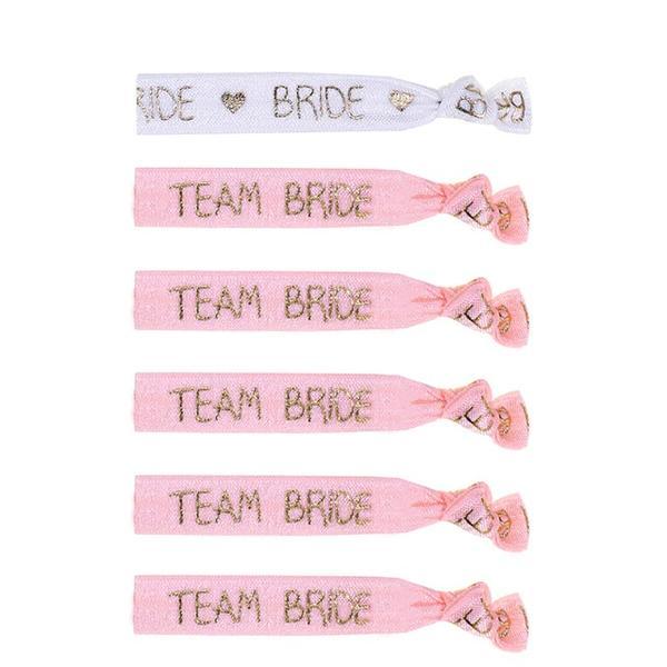 Set 6 bratari pentru petrecerea burlacitelor, Team Bride, alb roz