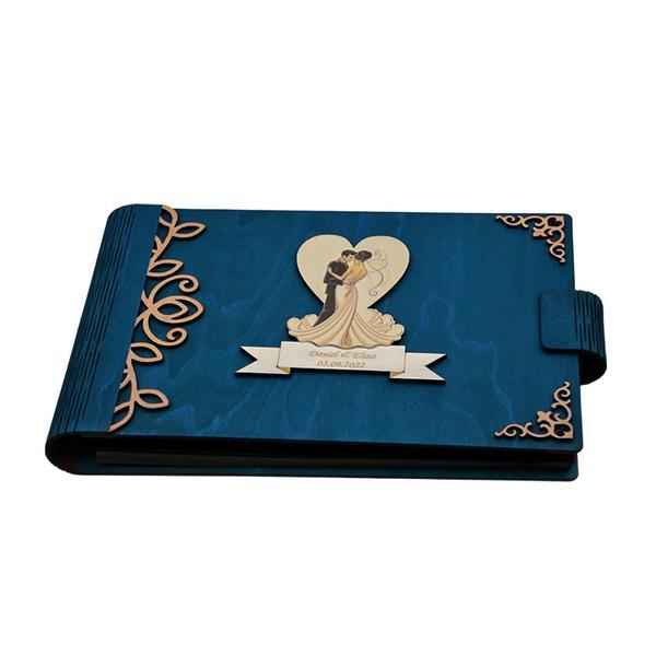 Album foto A4 personalizat, din lemn, Albastru, Piksel, GuestBook, Caiet amintiri, Nunta
