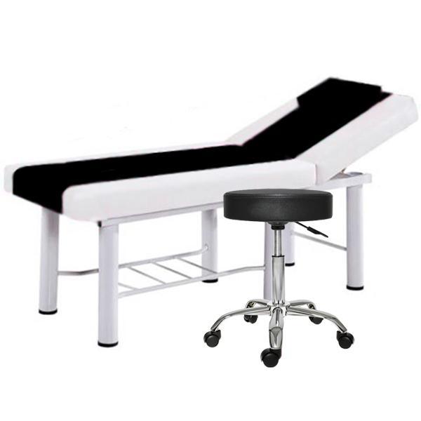 Set Pat cosmetica Alb-Negru, 186x70x70cm, Masa masaj profesional, 22kg, Piele ecologica + Scaun rotativ pentru salon, Taburet pe roti Negru 186x70x70cm
