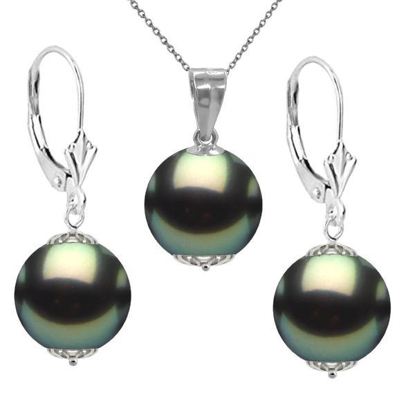 Set colier cu pandantiv si cercei din aur alb de 14 karate si perle naturale tahitiene premium de 10 mm