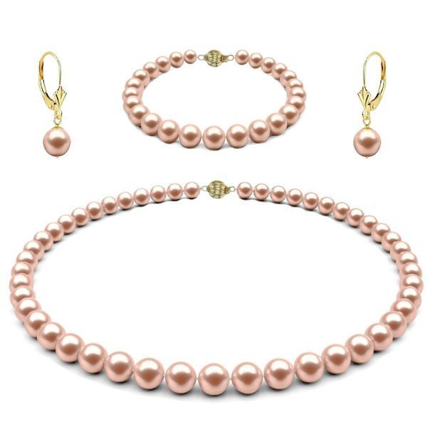 Set aur galben 14 k, colier, bratara si cercei cu tortita lalea cu perle naturale lavanda de 6-7 mm si inchizatori sferice