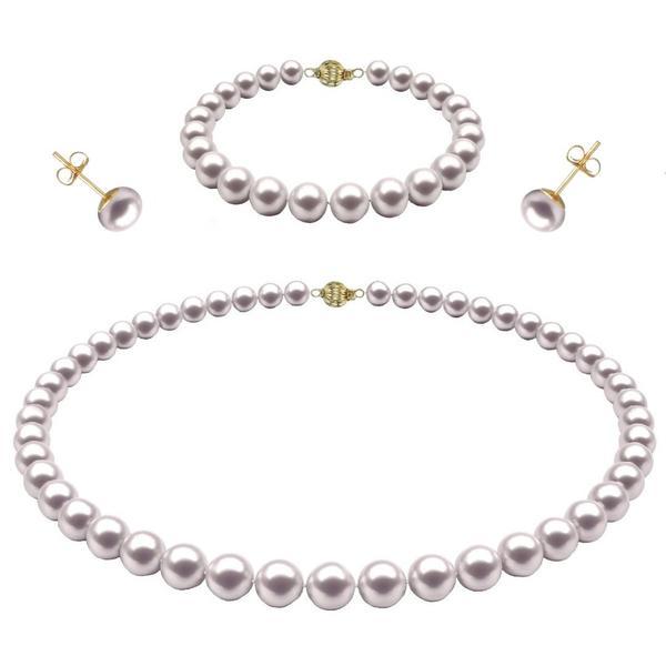 Set aur galben de 14 karate, colier, bratara si cercei tip surub cu perle naturale albe de 7-8 mm si inchizatori sferice