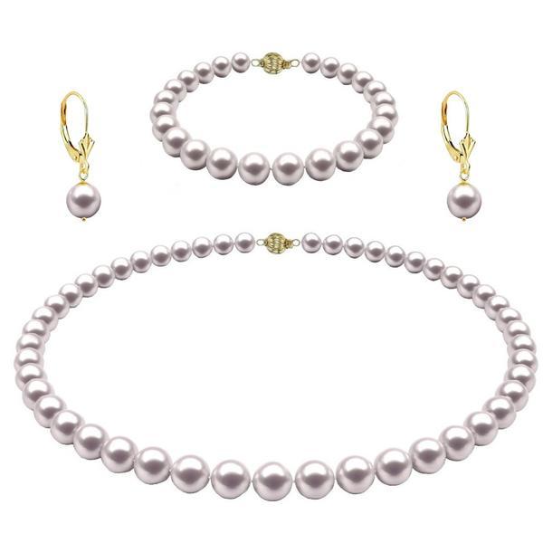 Set aur galben 14 k, colier, bratara si cercei cu tortita model lalea cu perle naturale albe de 7-8 mm si inchizatori sferice