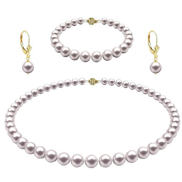 Set Aur Galben 14 k, Colier, Bratara si Cercei cu Tortita Model Lalea cu Perle Naturale Albe de 7-8 mm si Inchizatori Sferice