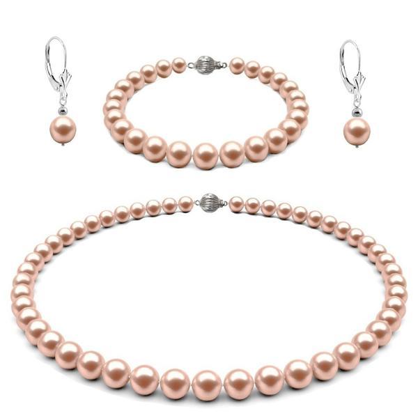 Set aur alb 14 k, colier, bratara si cercei tortita model lalea cu perle naturale lavanda de 6-7 mm si inchizatori sferice