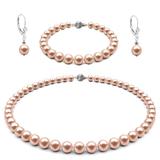 Set Aur Alb 14 k, Colier, Bratara si Cercei Tortita Model Lalea cu Perle Naturale Lavanda de 6-7 mm si Inchizatori Sferice