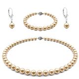 Set Aur Alb de 14 karate, Colier, Bratara si Cercei Tortita Model Lalea cu Perle Naturale Crem de 7-8 mm si Inchizatori Sferice