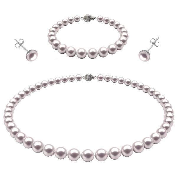 Set aur alb de 14 karate, colier, bratara si cercei tip surub cu perle naturale albe de 6-7 mm si inchizatori sferice