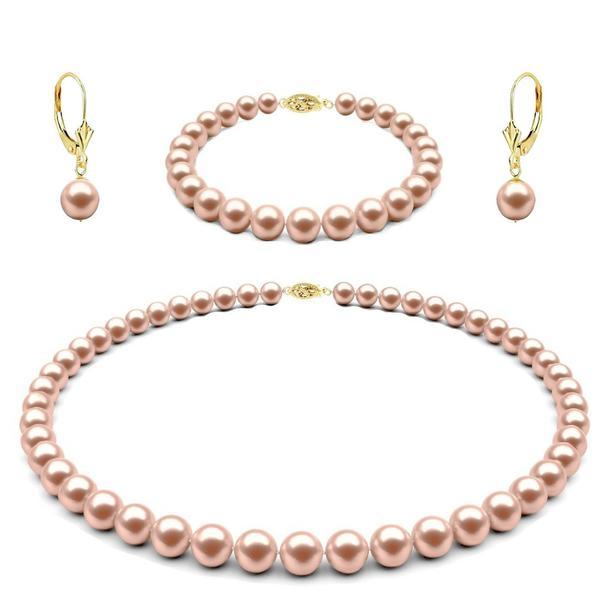 Set aur galben 14 k, colier, bratara si cercei tortita lalea cu perle naturale lavanda de 6-7 mm si inchizatori filigranate