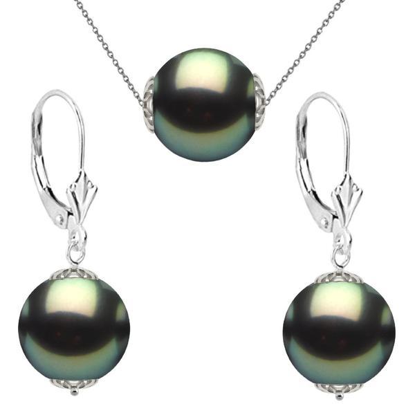 Set colier si cercei din aur alb de 14 karate si perle naturale tahitiene premium de 10 mm