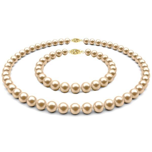 Set colier si bratara cu perle naturale crem de 7-8 mm si inchizatori filigranate din aur galben de 14 karate