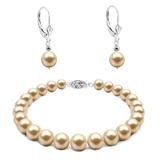 Set Aur Alb de 14k Bratara si Cercei Tortita Model Lalea cu Perle Naturale Crem de 6-7 mm si Inchizatoare Filigranata