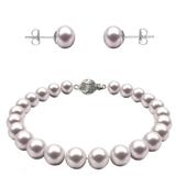 Set Aur Alb de 14k Bratara si Cercei Tip Surub cu Perle Naturale Albe de 7-8 mm si Inchizatoare Sferica