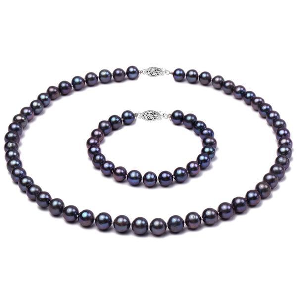 Set colier si bratara cu perle naturale negre de 7-8 mm si inchizatori filigranate din aur alb de 14 karate