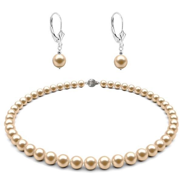 Set colier si cercei tortita model lalea cu perle naturale crem de 7-8 mm si inchizatoare sferica din aur alb de 14 karate