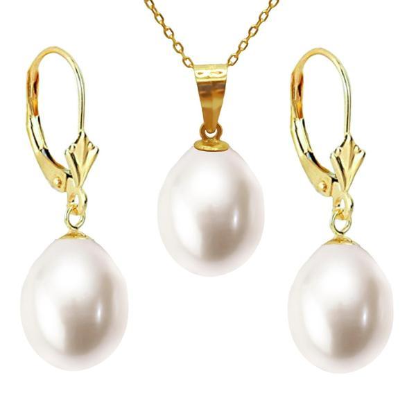 Set aur galben de 14k cu perle naturale premium albe, rare, forma lacrima, de 11/9 mm