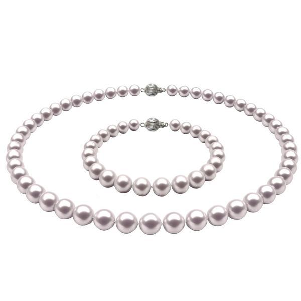 Set colier si bratara cu perle naturale albe de 7-8 mm si inchizatori sferice din aur alb de 14 karate