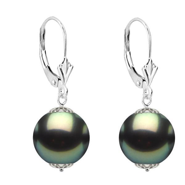 Cercei perle naturale tahitiene premium de 10 mm si aur alb de 14k