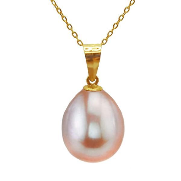Colier cu pandantiv, aur galben de 14k si perla naturala premium lavanda, rara, forma lacrima, de 12/9 mm