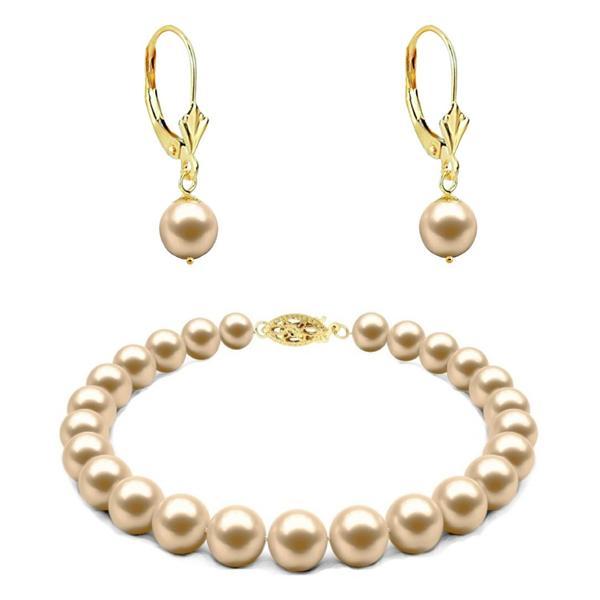 Set aur galben de 14 karate bratara si cercei tortita model lalea cu perle naturale crem de 6-7 mm si inchizatoare filigranata