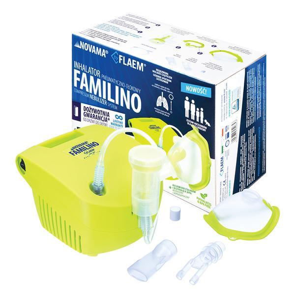 Aparat aerosoli Novama Familino by Flaem, nebulizator cu compresor, 2 moduri de nebulizare, dimensiuni particule reglabile, masca copii si adulti, fara ftalati si BPA, pentru uz casnic si profesional, Verde adulti