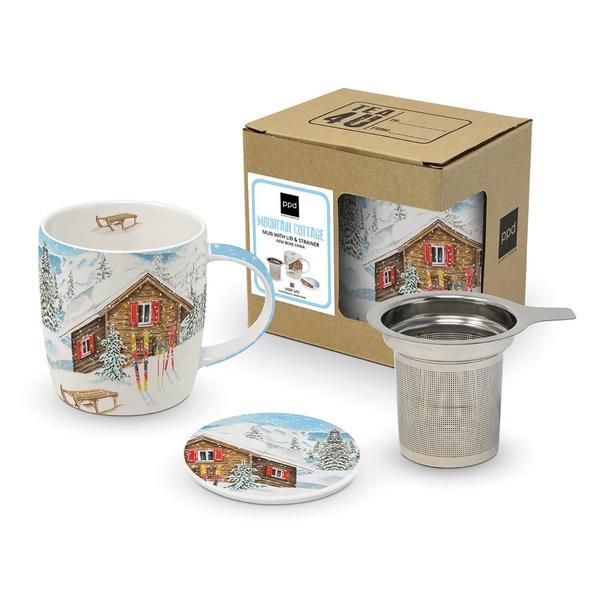 Cana portelan pentru ceai, cafea, craciun fericit, cu capac si strecuratoare
