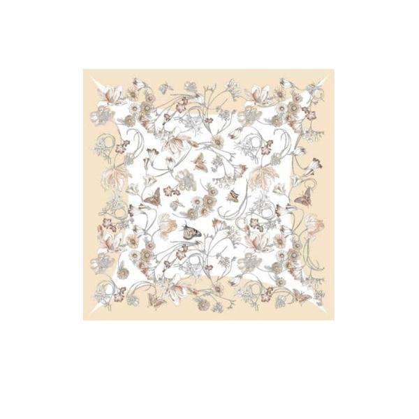 Esarfa dama, matase naturala 100 %, fond crem cu model floral si fluturi, 90x90 cm, fattorseta, made in italy