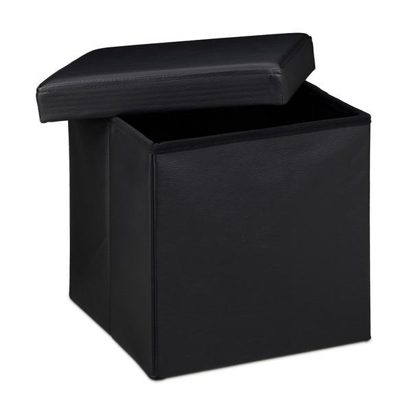 Taburet cu spatiu depozitare, pliabil, piele ecologica, negru, 38 x 38 x 38 cm