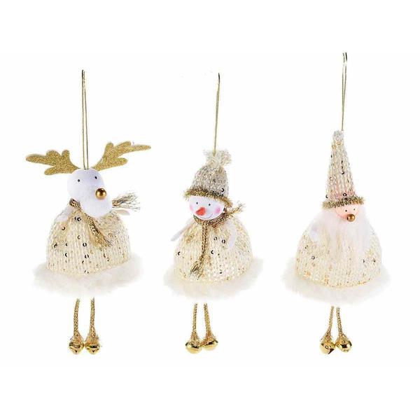 Set 3 ornamente brad din textil alb auriu 9x12/17 cm