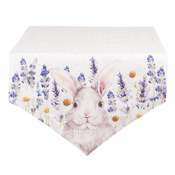 Traversa de masa bumbac alb mov model lavanda si iepuras 50x160 cm