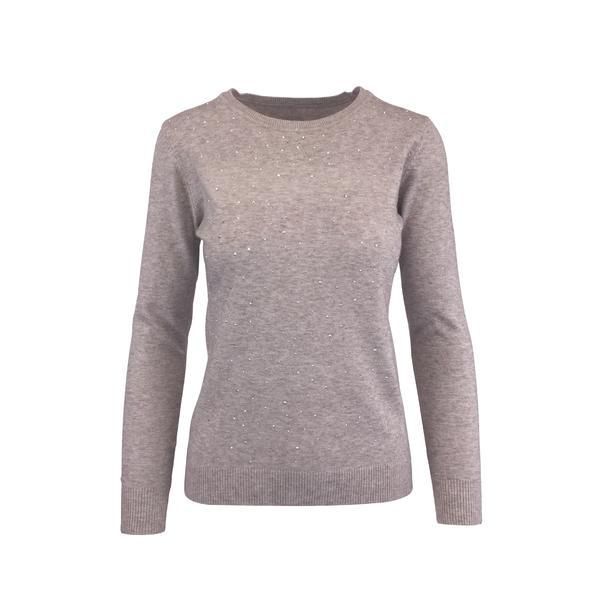 Pulover, univers fashion, tricotat fin cu strasuri pe fata, bej, m-l