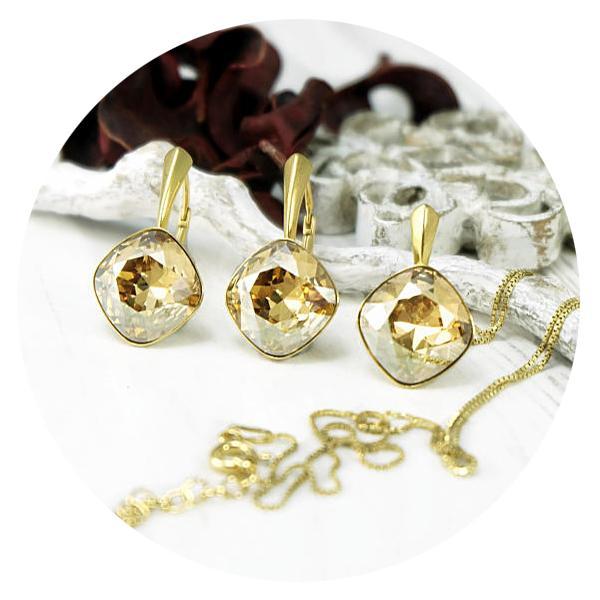Set bijuterii argint suflat cu aur 24k, Set Swarovski Cushion Cut Gold