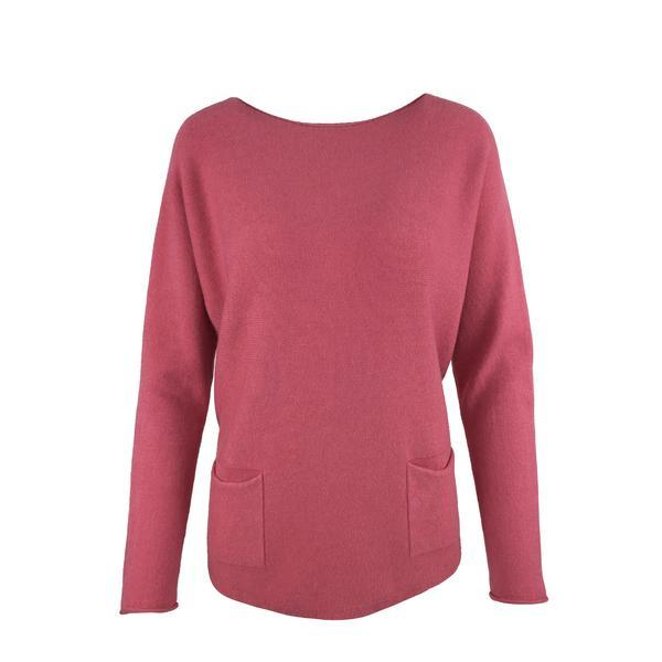 Pulover, univers fashion, tricotat, cu 2 buzunare pe fata, roz zmeuriu, l-xl
