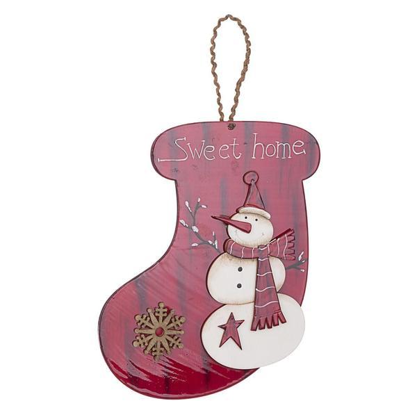 Decoratiune suspendabila din lemn rosu alb model om de zapada 21x1x34 cm