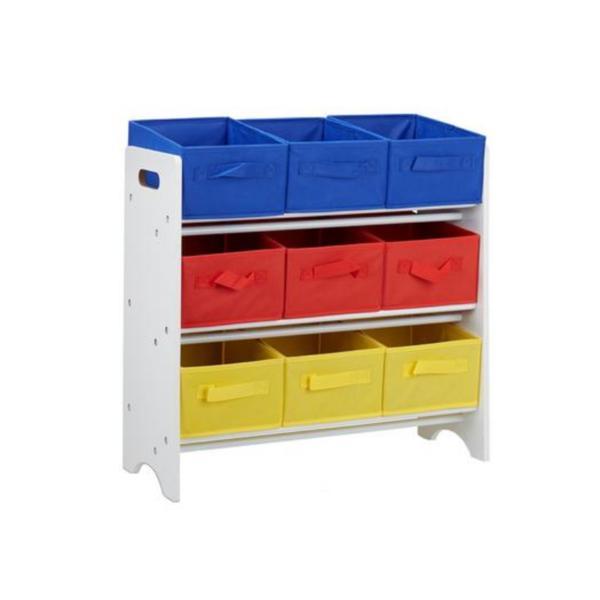 Raft depozitare pentru camera copilului, 3 rafturi, Alb, cutii depozitare in trei culori incluse ( rosu, galben, albastru), H 62 cm