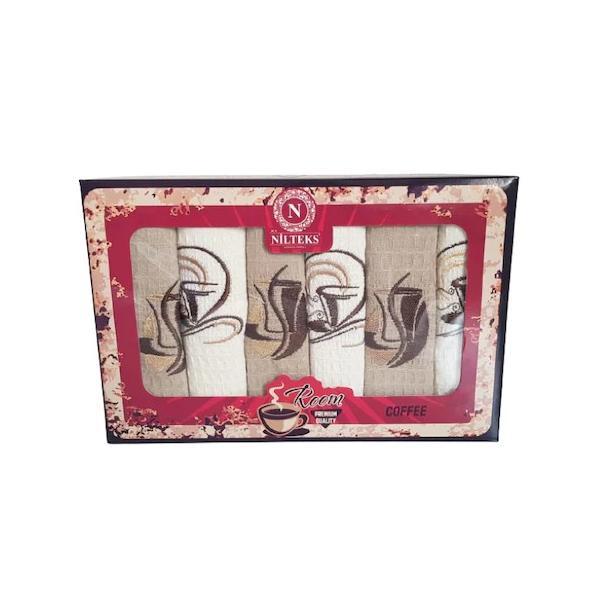 Set 6 prosoape bucatarie, 100 % bumbac, model cafea, 30x50 cm