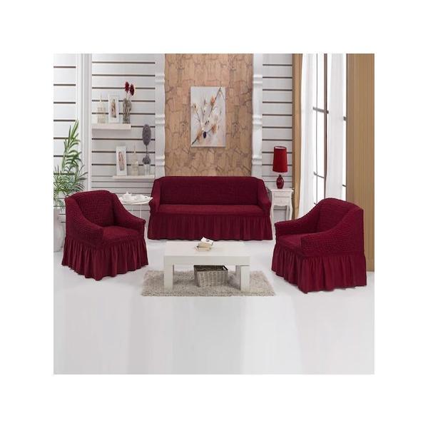 Set huse pentru canapea de 3 locuri si 2 fotolii din bumbac elasticizat si creponat  3-1-1 bordo (rosu-visiniu)