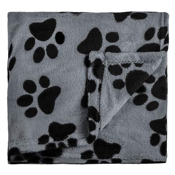 Patura pufoasa din fleece maro cu imprimeu labute, pentru caini si pisici, negru/ bej, 100 x 140 cm