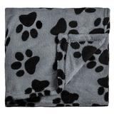 Patura pufoasa din fleece cu imprimeu labute, pentru caini si pisici, negru/ gri 100 x 140 cm
