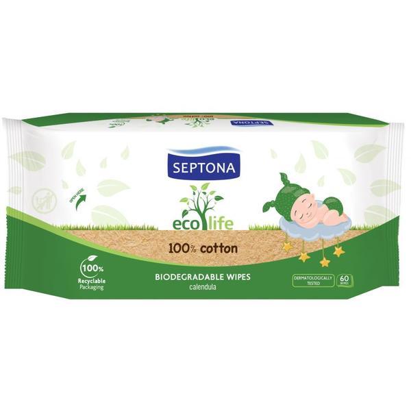 SHORT LIFE - Servetele Umede Biodegradabile pentru Bebelusi - Septona Eco Life 100% Cotton Biodegradable Wipes, 60 buc