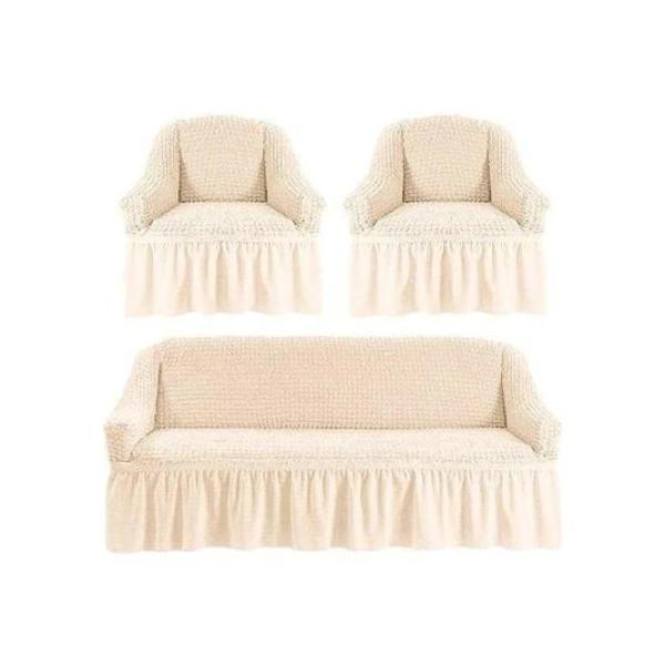 Set huse pentru canapea de 3 locuri si 2 fotolii din bumbac elasticizat si creponat 3-1-1 ecru (crem-unt)
