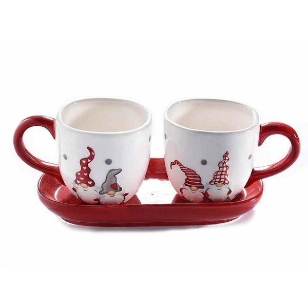 Set 2 cesti cu tavita din ceramica alba rosie model mos craciun 7x6 cm