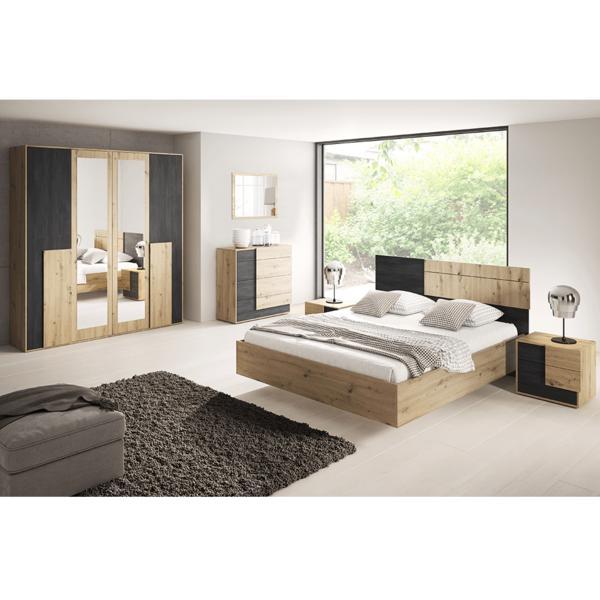 Set mobilier dormitor pat noptiere dulap maro stejar artisan pin norvegian negru bafra 200x65x203 cm