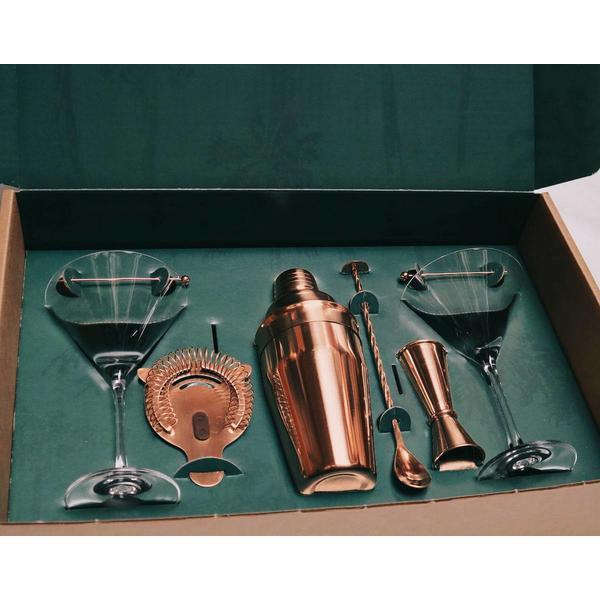 Set cadou cocktail 6 piese - shaker cocktail din otel inoxidabil rose gold - 2 pahare bormioli rocco martini - coupe