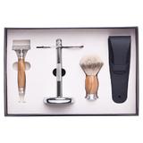 Set de barbierit clasic cu Safety Razor, maner din lemn mahon, lama dubla, pamatuf par bursuc si suport metal