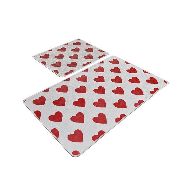 Set 2 covorase baie corazon, 60 x 100 cm, 50 x 60 cm, antiderapant, alb/rosu