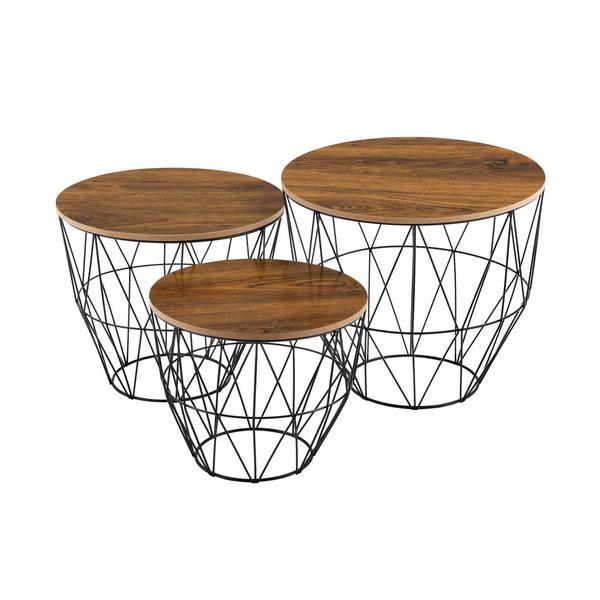 Set 3 masute living, design industrial, blat lemn, schelet metalic, negru/stejar