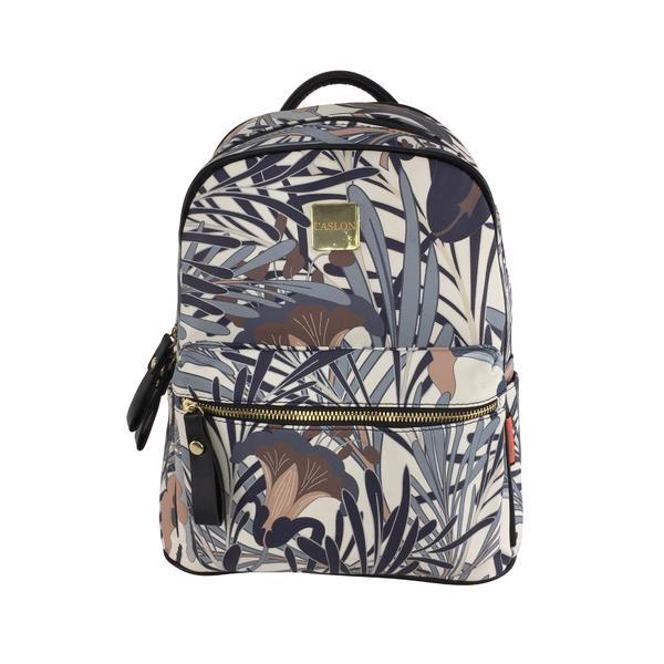 Rucsac pentru dama, alb/albastru cu imprimeu frunze, 33 cm